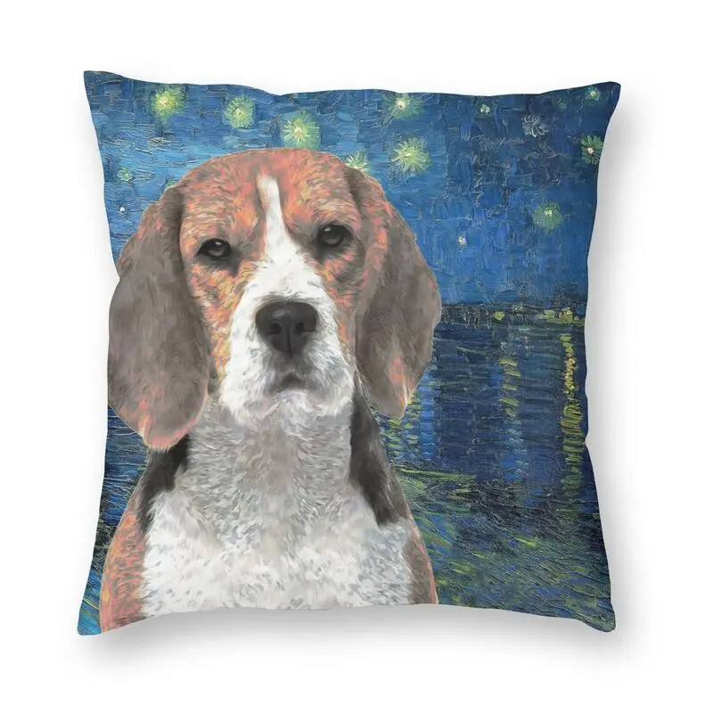 

Подушка Beagle Звездная ночь над Rhone, искусственная подушка 40x40 см для дивана, картина маслом Ван Гога, домашнее животное, искусственная кожа
