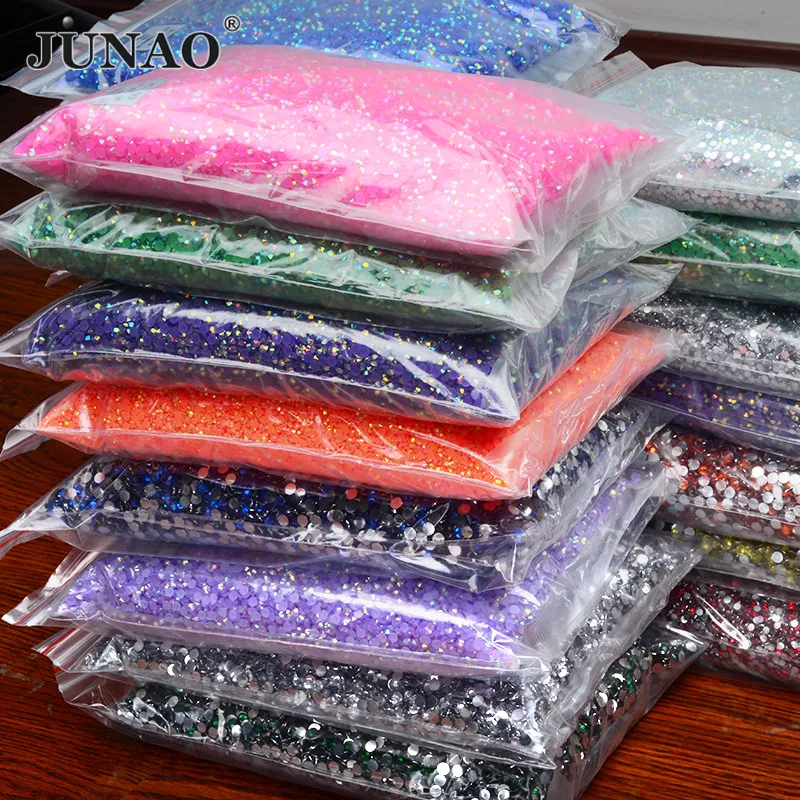 

JUNAO Wholesale Large Packing 2mm 3mm 4mm 5mm 6mm Colorful AB Crystal Rhinestone Resin Nail Art Strass Non Hotfix Flatback Gems