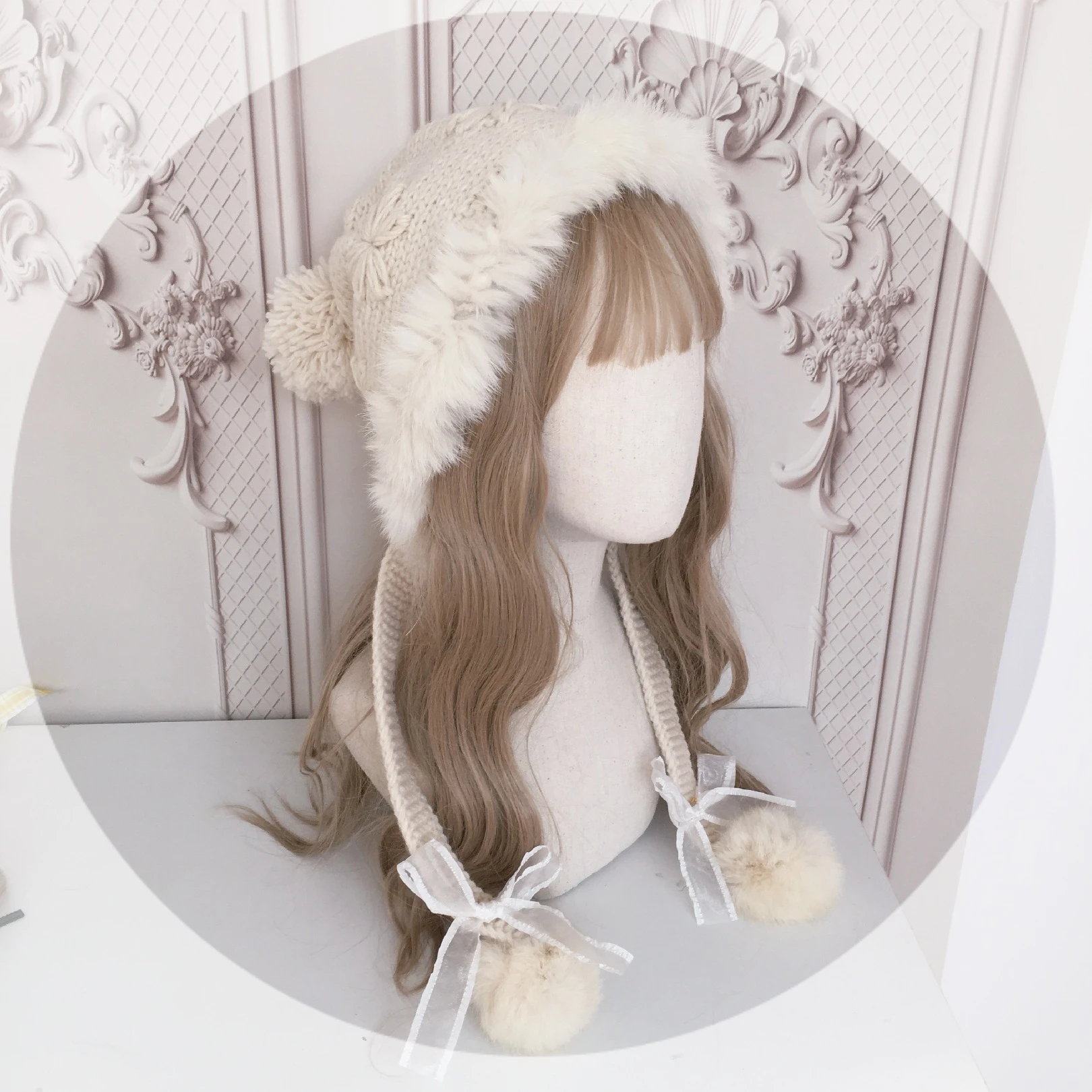 Lolita element осенне-зимняя теплая шапка из кроличьего меха с защитой ушей вязаная