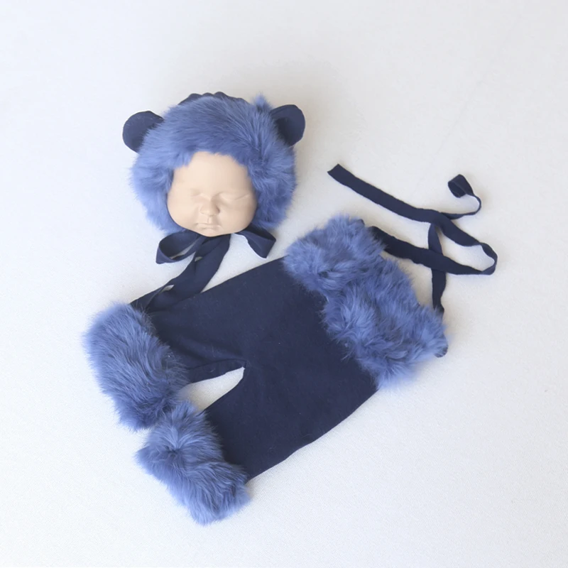 

Blue Teddy Bear Suit Newborn Handmade Teddy Bonnet And Knit Romper Photography Props Fuzzy Hat And Overall With Baby Photo Props