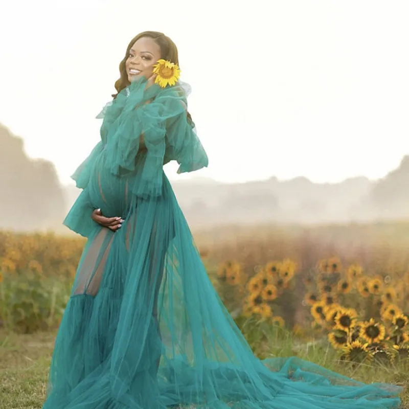 

Hunter Green Tulle See Through Maternity Photoshoot Dresses Sweep Train Tulle Robe Dressing Gown Photo Shoot Pregnancy Clothes