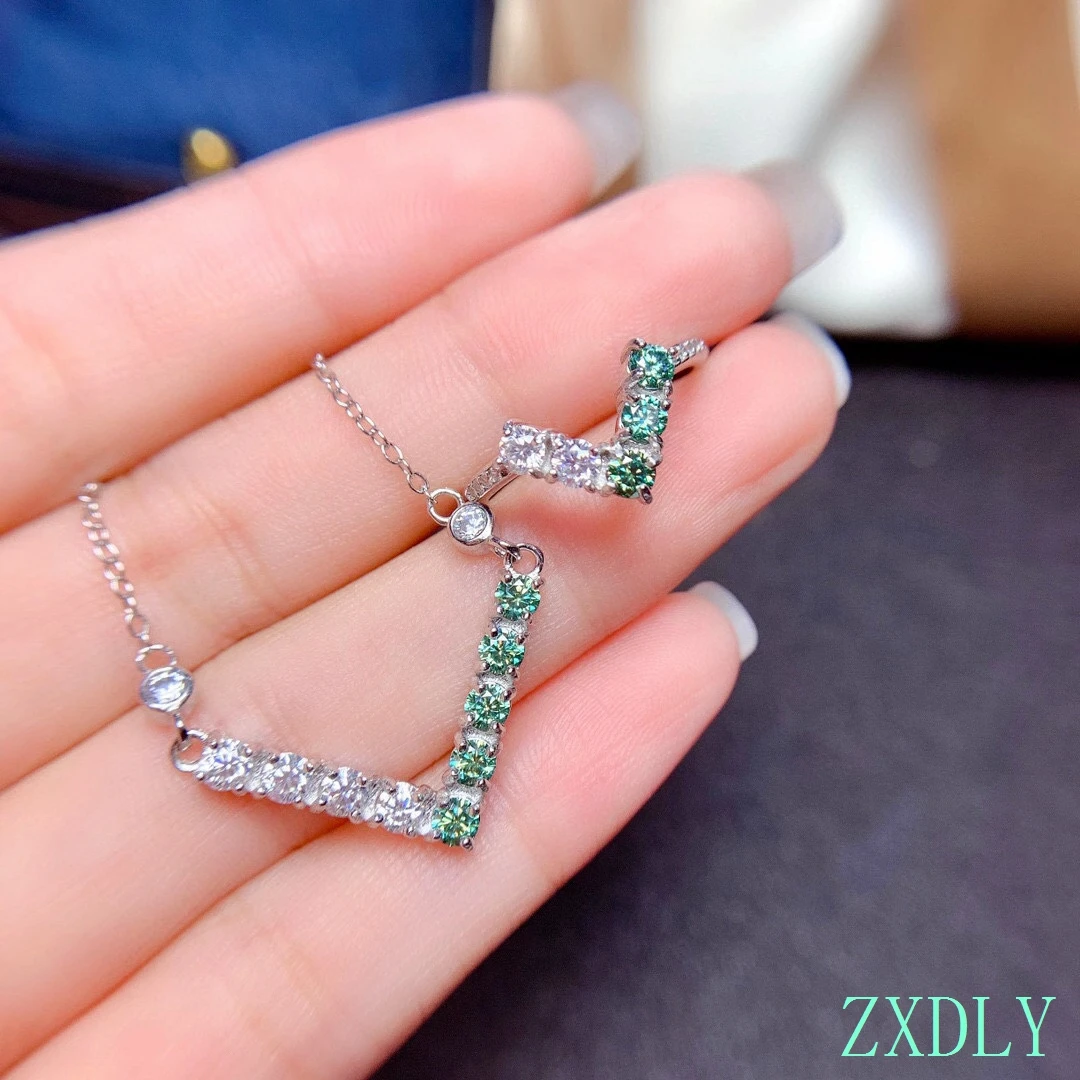 

2022 White Green Moissanite Ring Necklace Jewelry Set Real 925 Silver 1ct Lab Diamond Pandent Engagement Ring For Women Gift
