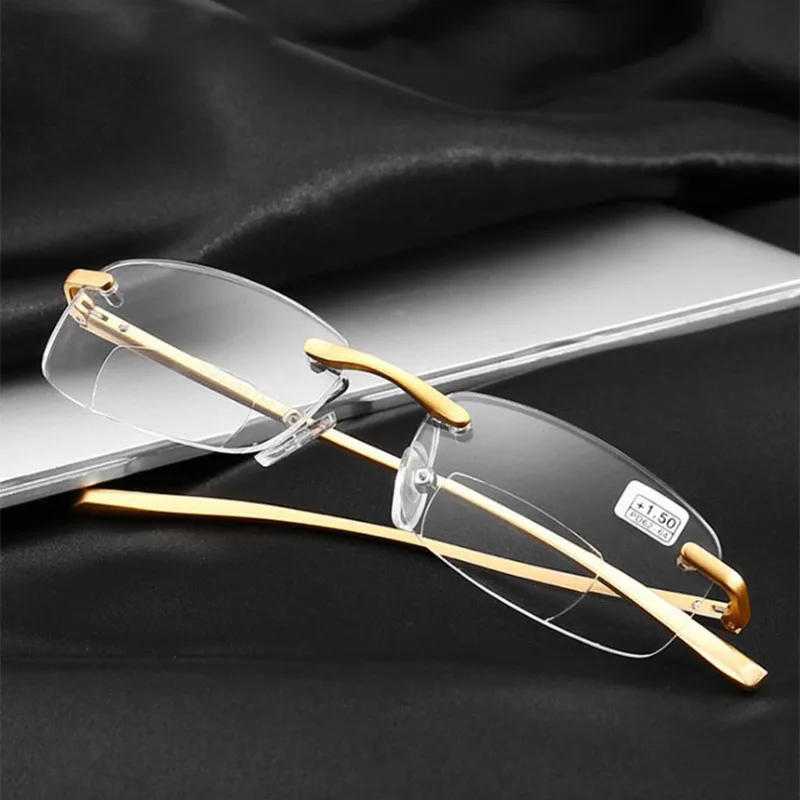 

New Bouble Light Reading Glasses Frameless Metal Perforated Aluminum Magnesium Frame Unisex Reading Glasses NonTightening