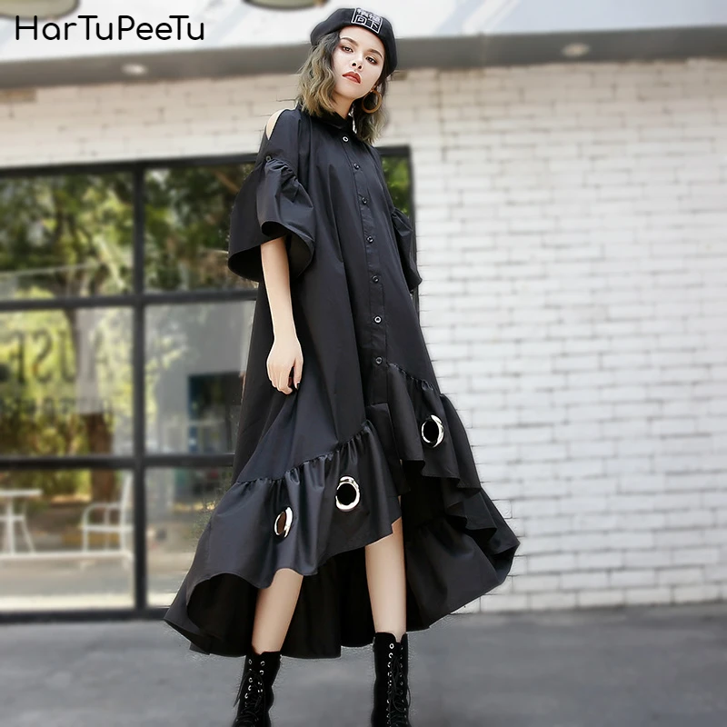 2020 Summer Dress Women Plus Size Asymetric Metal Rings Hollow Out Shirt Dresses Off Shoulder Flare Sleeve Black Fashion Vestido
2020 Summer Dress Women Plus Size Asymetric Metal Rings Hollow Out Shirt Dresses Off Shoulder Flare Sleeve Black Fashion Vestido