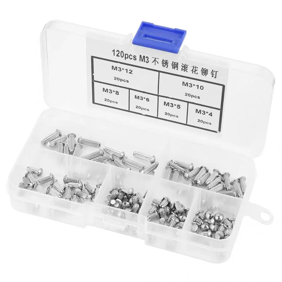 120pcs M3 Stainless Steel Countersunk Rivets Round Head Knurled Shank Solid Rivets Assortment Set Aluminium Rivets
120pcs M3 Stainless Steel Countersunk Rivets Round Head Knurled Shank Solid Rivets Assortment Set Aluminium Rivets
