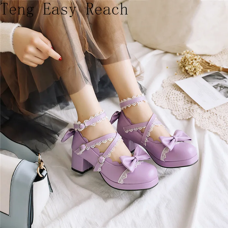 

Hot Sell Cosplay Purple Shoes Pink Heels Cross Strap Mary Jane Prinicess Lolita Woman Shoes Block High Heel Pumps 2021Pink Heels