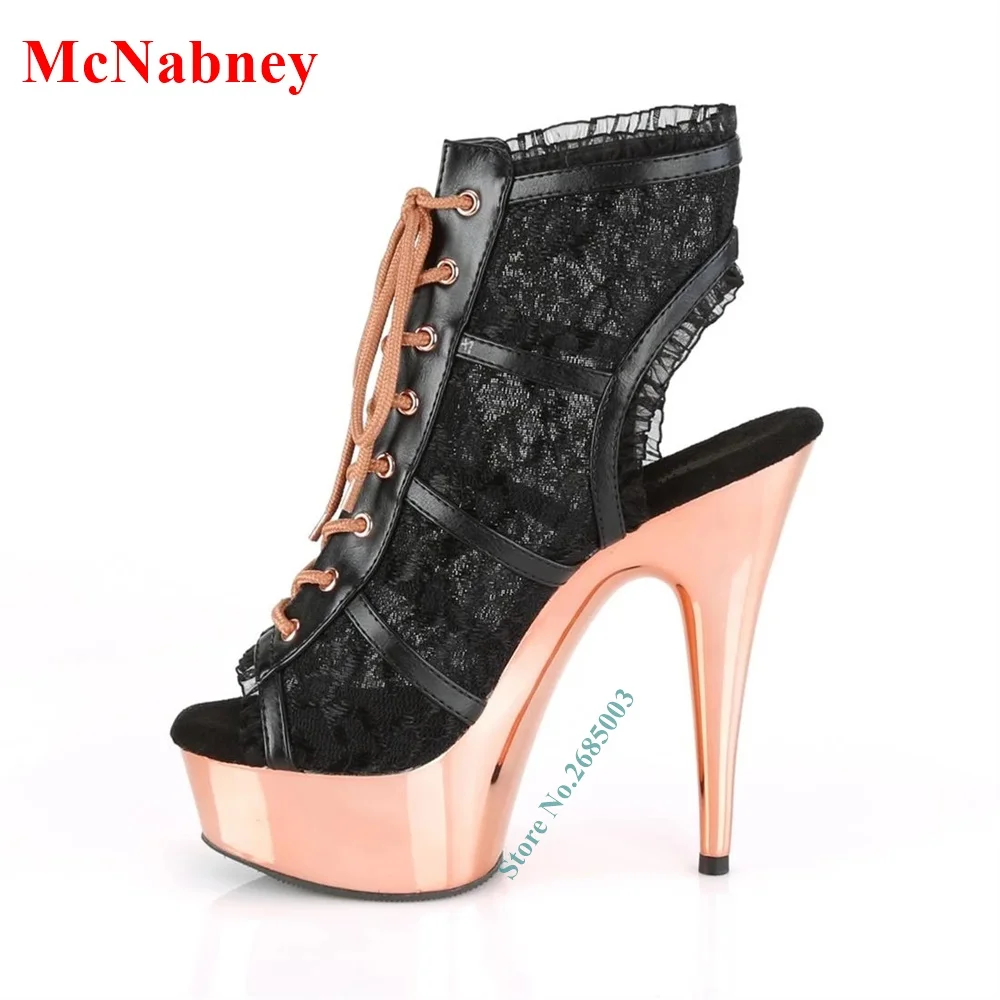 

Platform Peep Toe Slingback Boots Lace Up Cross Tied Ankle Mesh Thin High Heel Sexy Women Spring Autume Party Dress Short Boots