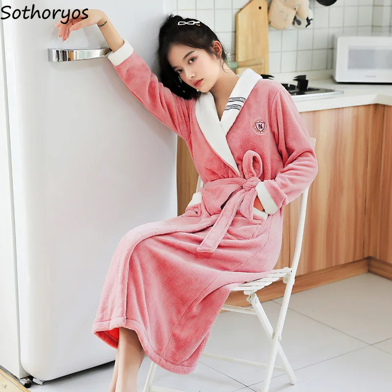 Women Letter Robes Mid-calf Sweet Girls Cozy Thicker Flannel Teenagers Winter Trendy Home-wear Female Leisure Lounge New-arrival | Женская