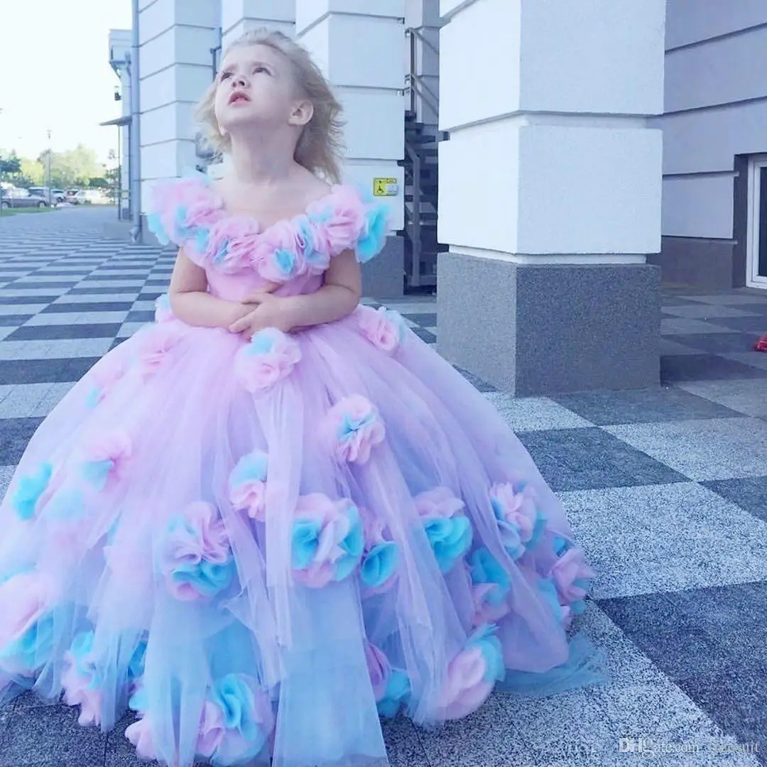 

Floral Ball Gown Flower Girl Dresses Ruffle Combined Colorful Hand Made Flower Girl Pageant Gowns Customize First Communion Gown