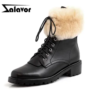 

ZALAVOR Women Ankle Boots Real Leather Winter Keep Warm Fur High Heels Black Shoes Women Lace Up Casual Short Boots Size 34-39