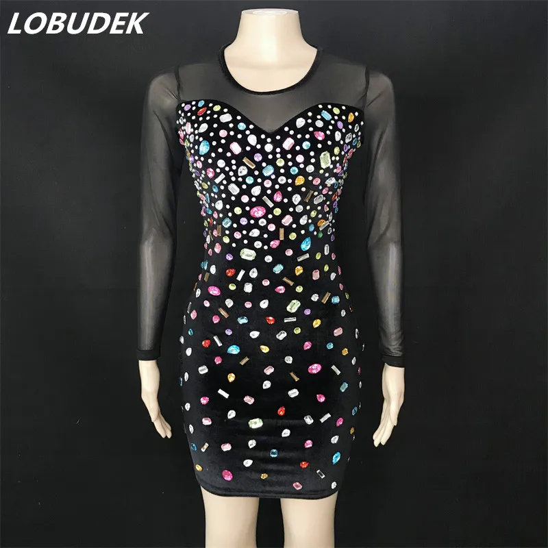 Ladies Evening Party Birthday Prom Rhinestones Dress Black Velvet Mesh Multicolor Crystals Stones Short Dress Singer Bar Costume 
Ladies Evening Party Birthday Prom Rhinestones Dress Black Velvet Mesh Multicolor Crystals Stones Short Dress Singer Bar Costume