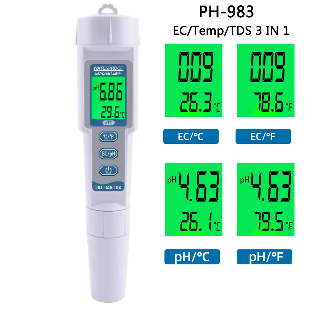 PH-983 3 in 1 EC TEMP PH Tester Digital EC Meter Conductivity Monitor Replaceable Probe Water Quality Purity Test Tool For Pool
PH-983 3 in 1 EC TEMP PH Tester Digital EC Meter Conductivity Monitor Replaceable Probe Water Quality Purity Test Tool For Pool