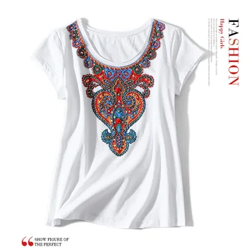 New round neck national fashion Simia printed Beaded short sleeve thin cotton T shirt top for women
New round neck national fashion Simia printed Beaded short sleeve thin cotton T shirt top for women