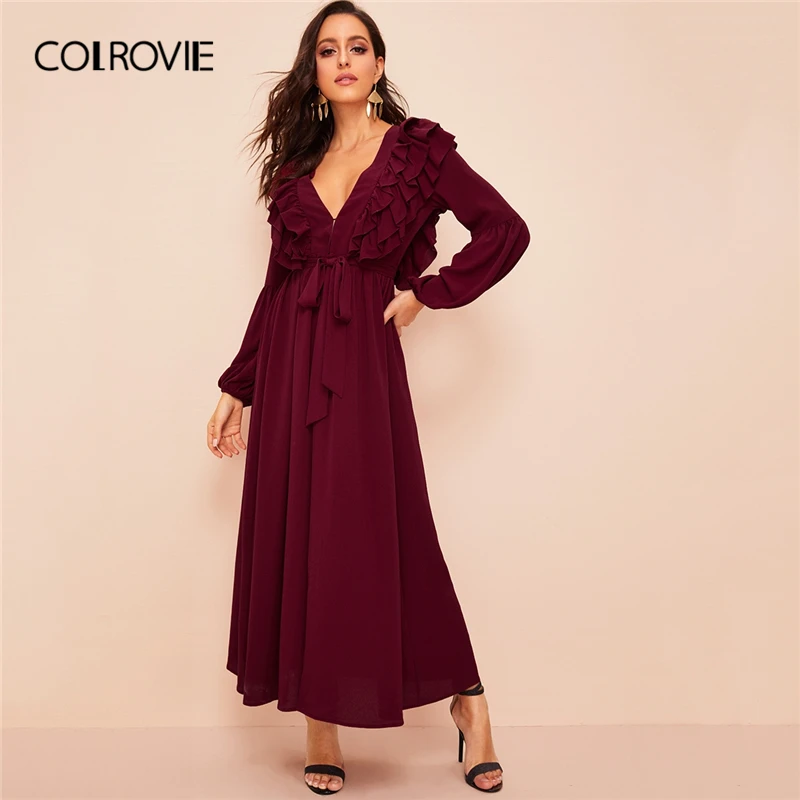 COLROVIE Plunging Neck Layered Ruffle Trim Belted Abaya Women Split Bishop Sleeve Tops 2019 Fall Deep V Neck Solid Long Abayas
COLROVIE Plunging Neck Layered Ruffle Trim Belted Abaya Women Split Bishop Sleeve Tops 2019 Fall Deep V Neck Solid Long Abayas
