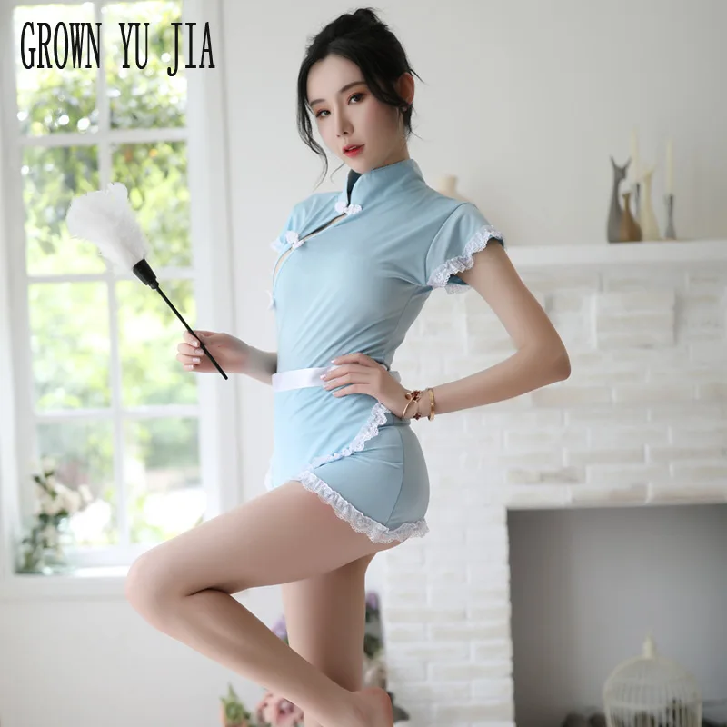 

Sexy French Maid Uniforms Qipao Clothes Erotic Cosplay Costume Cheongsam Dress Porno Roleplay Girl Lingerie Hot Fetish Sex Skirt