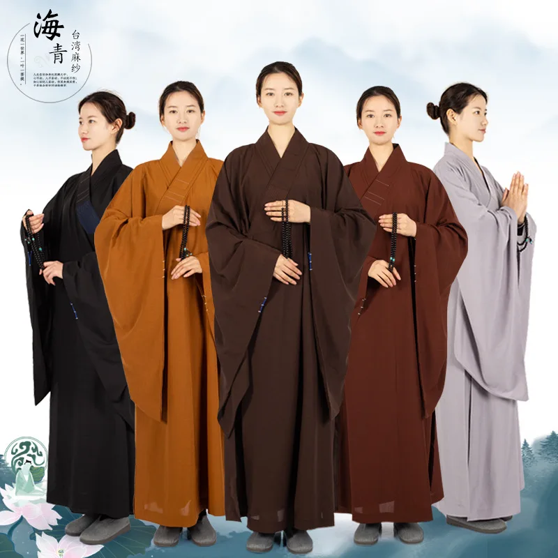 Длинное льняное платье в Тайваньском стиле с изображением монахов 7 цветов |