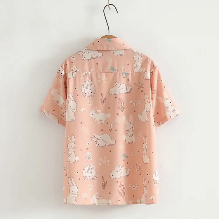 Japanese Soft Girl Style Kawaii Rabbit Printed Tops Teens Sweet Vintage Green Blouses Korean College Cute Loose Chiffon Shirts