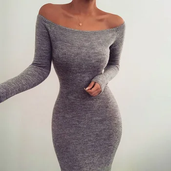 

2020 New Ribbed Knitted Sheath Dress Long Sleeve Sexy Slash Neck Bodycon Women Long Midi Dress Spring Knit Party Clubwear G1192