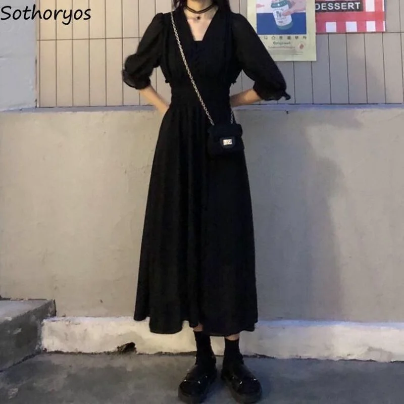

Women Black Dresses 5 Quarter Puff Sleeve V-neck Calf Length Vintage Female High Waist Summer Fashion New Dress Korean Daily Ins