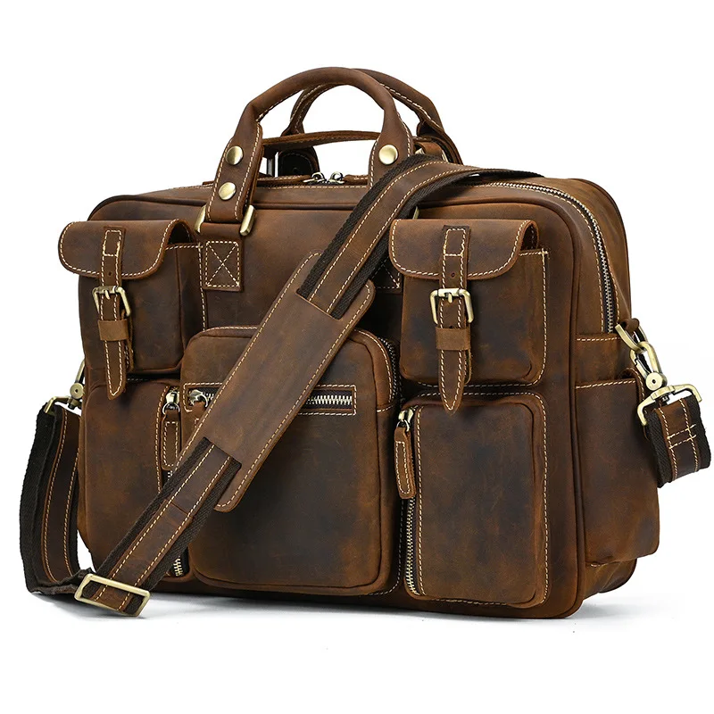 

Luufan Crazy Horse Leather Men's Briefcase 15.6" Business Laptop Bag Shoulder Bag Cowhide Big Capacity Male Travel Duffel Tote