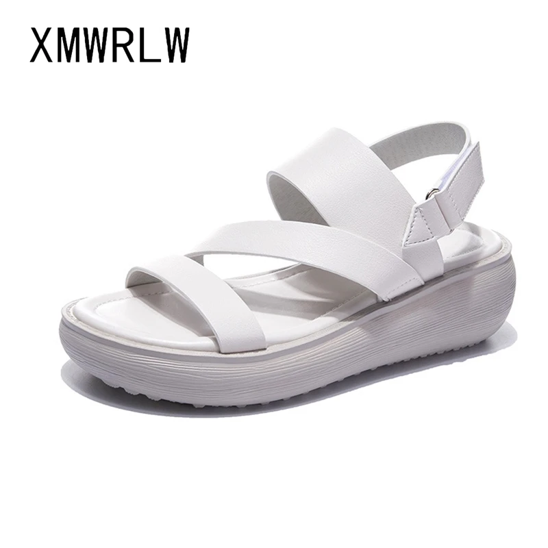 

XMWRLW Women's Sandals 2020 Summer Genuine Leather Thick Sole Ladies Shoes Casual Hook & Loop Women Summer Sandals Wedges Shoes