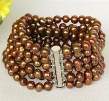 

Free shipping new hot Genuine 6row 8" 7mm coffee pearls bracelet magnet clasp