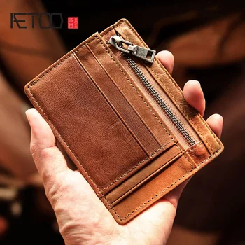 

AETOO Men's retro ultra-thin cowhide bag, leather zipper zero wallet, men's driver's license holster, bank card id bag woman