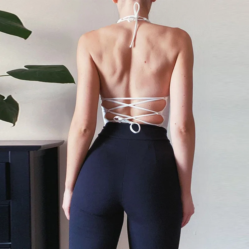 Women Triangle Halter Top Slim Backless Cross Lace-up OUT0881