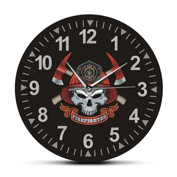 

Firefighter Skull with Crossed Axes Silent Non Ticking Wall Clock Maltese Cross Firemen Skull Fire Department Sign Wall Clock