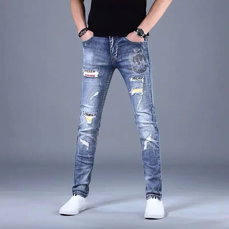 Korea Version Mens Beggar Blue Jeans, Scratches Slim Stretch Jeans,Ripped Patches Sexy Jeans, Stylish Street Jeans;
Korea Version Mens Beggar Blue Jeans, Scratches Slim Stretch Jeans,Ripped Patches Sexy Jeans, Stylish Street Jeans;