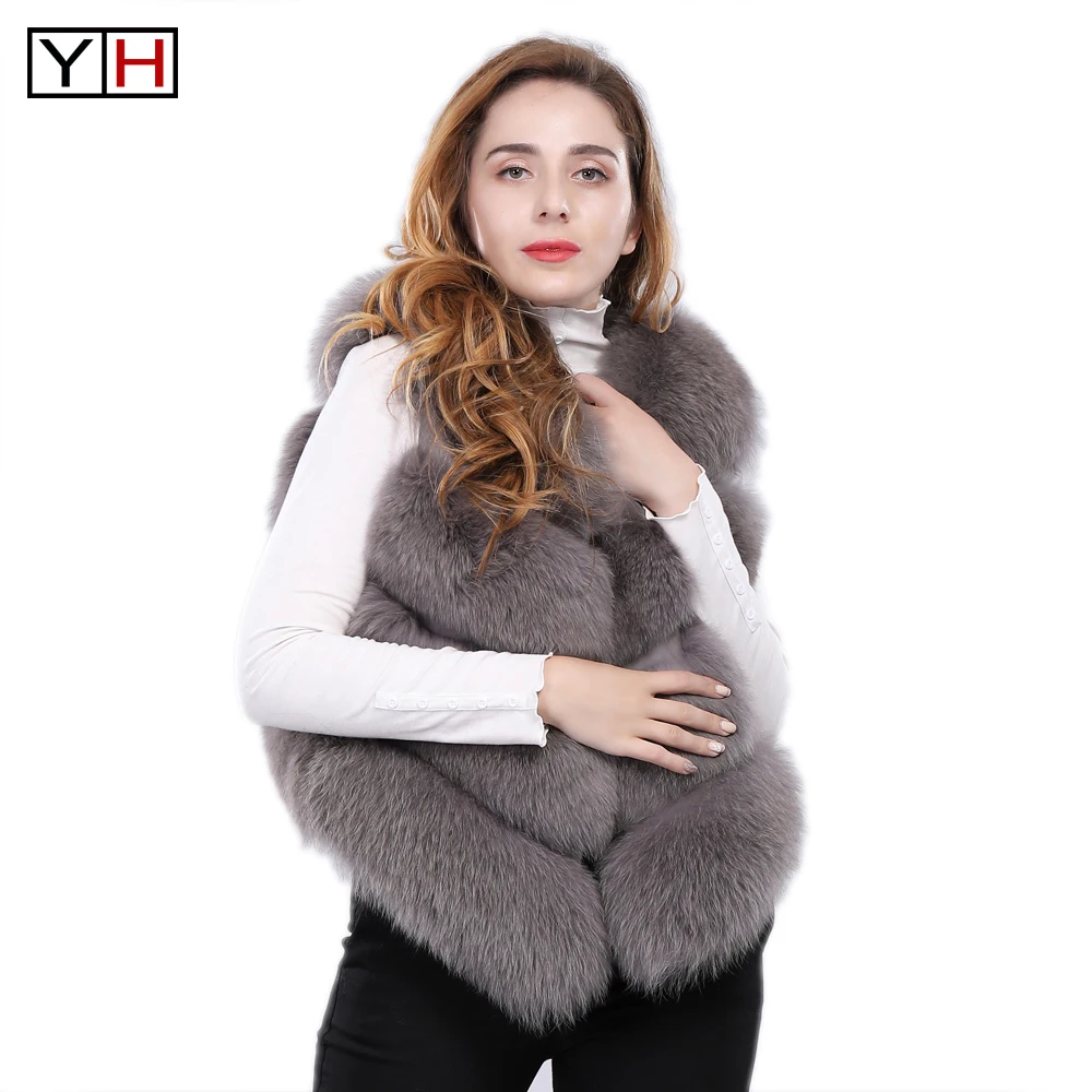 

Winter fur gilet women real fox fur vest fullness brand quality striped 4 row full pelt fox fur waistcoat sleeveless warm