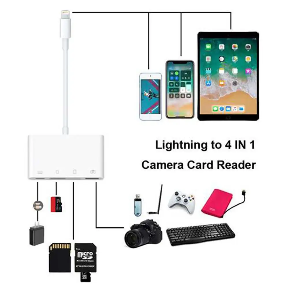 4 in 1 OTG Multifunction Card Reader Lighting to Smart Camera Card Support SD TF Card
4 in 1 OTG Multifunction Card Reader Lighting to Smart Camera Card Support SD TF Card