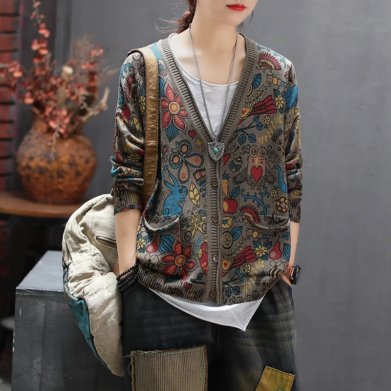 Women jackets Autumn Knitting Retro Loose Coat 2019 New Cardigan Ladies Tops Long-sleeved Print pocket pocket Mori girl jackets 
Women jackets Autumn Knitting Retro Loose Coat 2019 New Cardigan Ladies Tops Long-sleeved Print pocket pocket Mori girl jackets