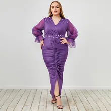Plus Size 4XL Long Dresses Sexy V Neck Flare Tulle Sleeve Beads Drawstring Slit Elegant Evening Birthday Party Outfits 2022 
Plus Size 4XL Long Dresses Sexy V Neck Flare Tulle Sleeve Beads Drawstring Slit Elegant Evening Birthday Party Outfits 2022
