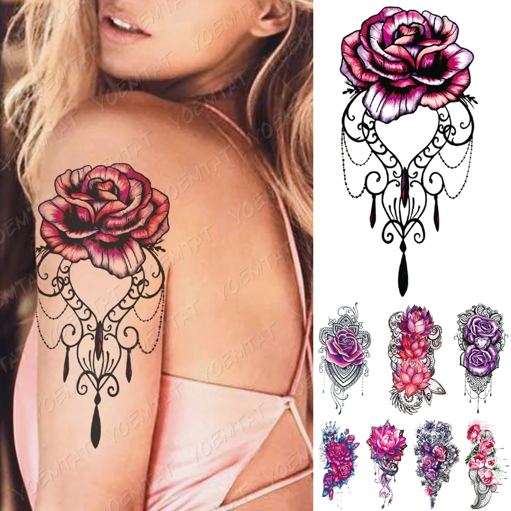 

Waterproof Temporary Tattoo Sticker Pink Purple Rose Lotus Peony Tattoos Lace Flowers Body Art Arm Fake Sleeve Tatoo Women Men