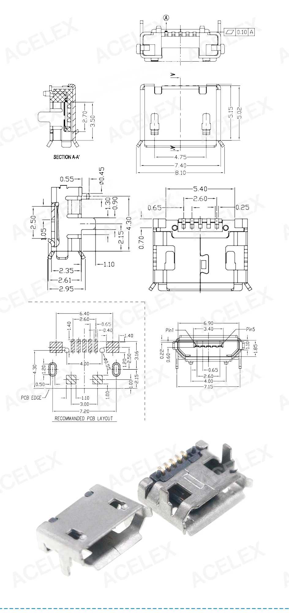 Generic 60pcs/lot 5 Pin SMT Socket Connector Micro USB Type B Female
