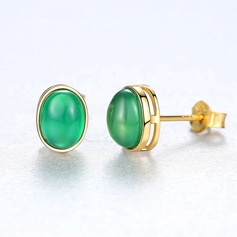 OEVAS 100% 925 Sterling Silver Gold Color Stud Earrings For Women Elegant Green Gemstone Wedding Party Bride Band Jewelry Gifts