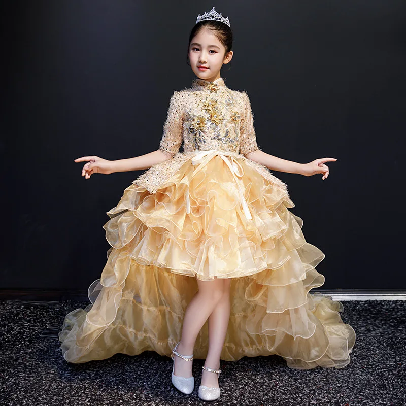 Luxury Gold Long Trailing Layers Detachable Modis Flower Girl Gown Kids First Holy Communion Pageant Birthday Show Party Dress
Luxury Gold Long Trailing Layers Detachable Modis Flower Girl Gown Kids First Holy Communion Pageant Birthday Show Party Dress