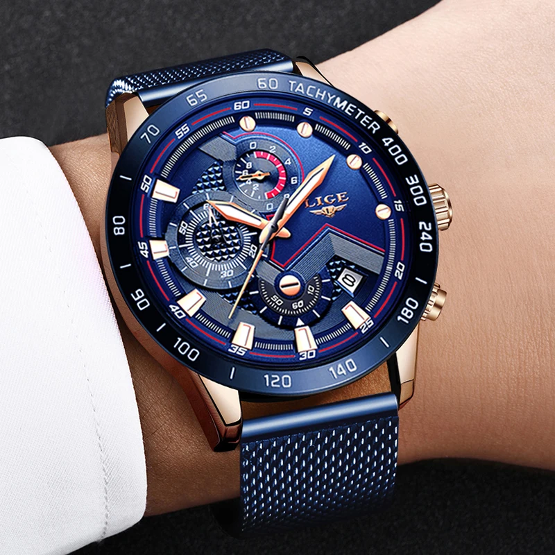 Фото LIGE новый список мужской роскошный бренд часов синий сетчатый ремень наручные