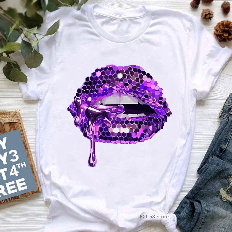 

Fashion Pink Glitter Lips Graphic Print Tshirt Women'S Clothing Luxurious Makeup T Shirt Haut Femme Aesthetic Clothes T-Shirt