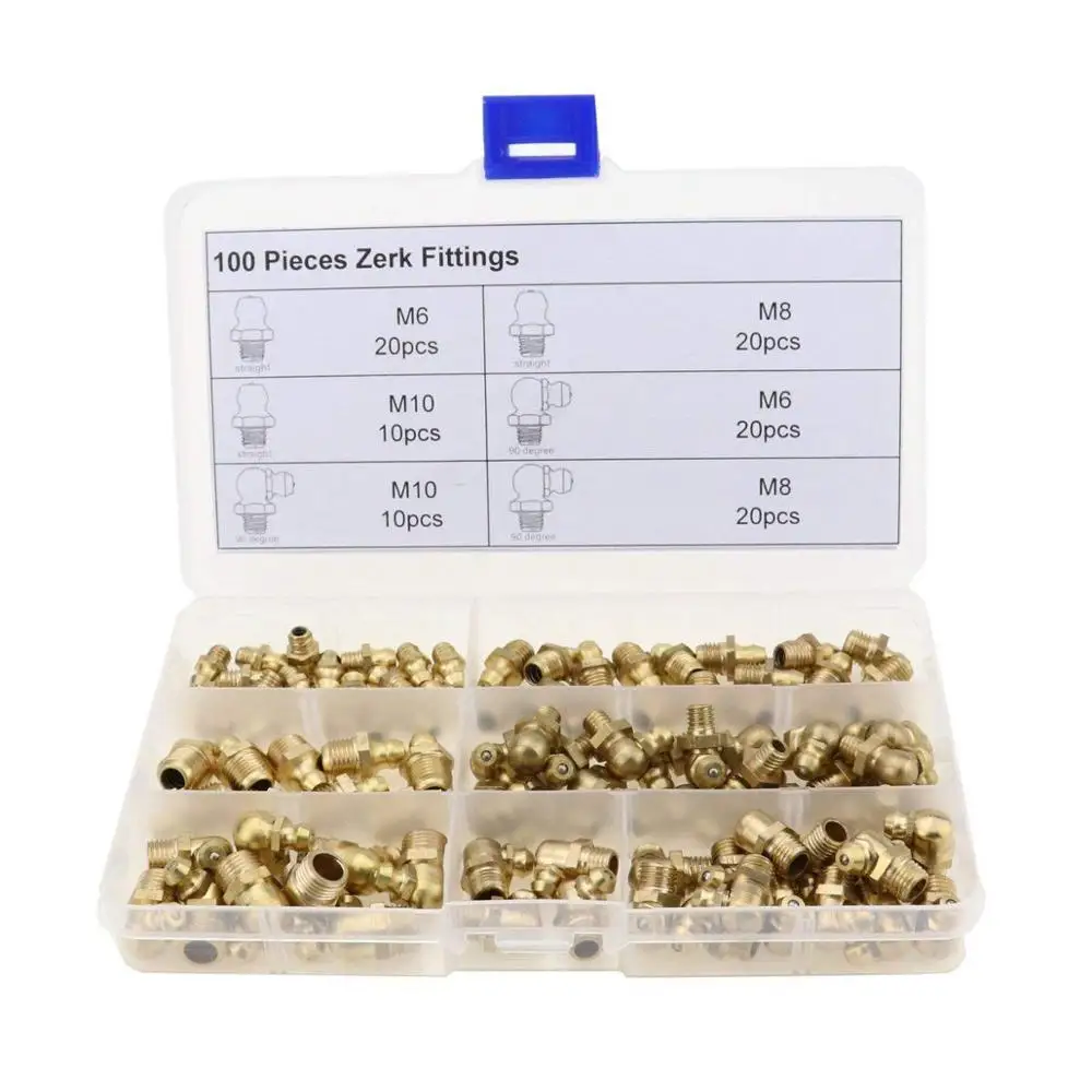 100pcs Hydraulic Brass Zerk Grease Nipple Fitting Assortment M6/M8/M10 Machinery Parts
100pcs Hydraulic Brass Zerk Grease Nipple Fitting Assortment M6/M8/M10 Machinery Parts