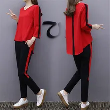 プラスサイズ大衣装トラックスーツスポーツウェア共同 ord セット女性のための 2 個セット 2020 冬のトップとパンツスーツストライプ赤服(China)
