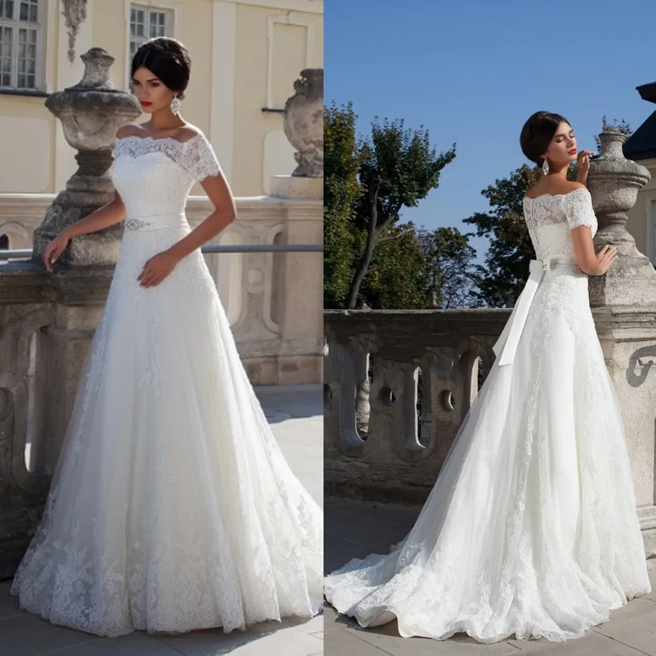 Elegant Off The Sleeve Wedding Dresses With Crystal A-Line Sheer Neck Lace Bridal Gowns For Sale Vestido De Casamento 2015 WB013