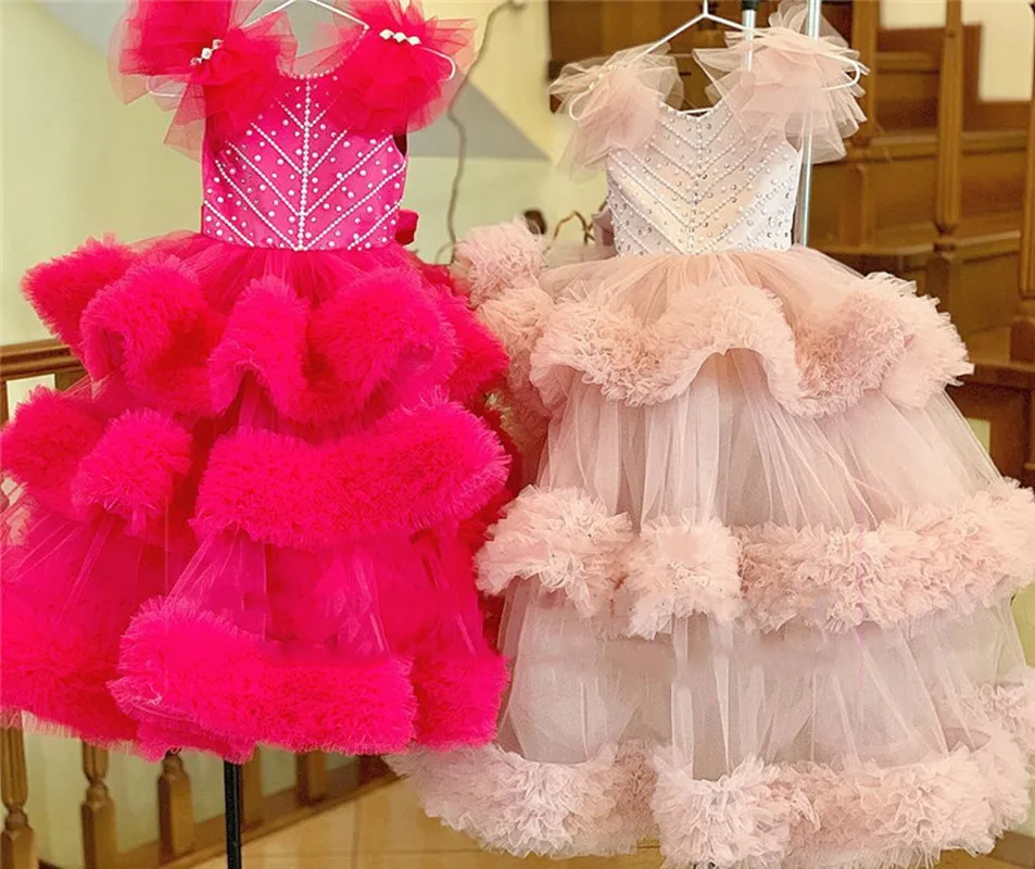 

Luxury Flower Girl Dress Puffy Tiered Tulle Cloud Beading Long Pageant Gown Kids Birthday Dress for Princess 1-14Years