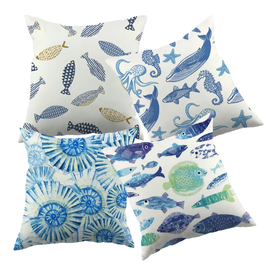 Sea Blue Animal Design Printed Cushion Cover For Sofa Whale Pattern Simple Decorative Throw Pillow Case |