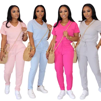 Solid Color V-Neck Lace Up 2 Piece Sets Women Casual Short Sleeve T-shirt+Long Pants Suit Fashion Loose Summer Clothes Sportwear
Solid Color V-Neck Lace Up 2 Piece Sets Women Casual Short Sleeve T-shirt+Long Pants Suit Fashion Loose Summer Clothes Sportwear