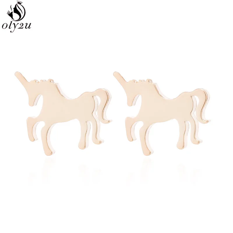 Oly2u Unique Charm Jewelry Cute Unicorn Earrings for Women Stainless Steel Animal Horse Stud Earrings oorbellen brinco