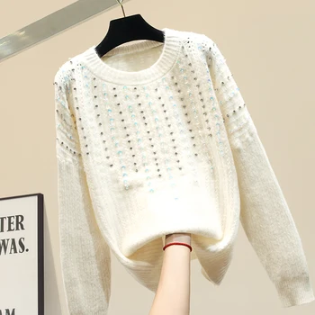 Fashion Beaded Sequins Knitted Pullover Shirt Womens Round Collar Long Sleeve Knitt Sweater Girls Students Loose Sweaters Femme
Fashion Beaded Sequins Knitted Pullover Shirt Womens Round Collar Long Sleeve Knitt Sweater Girls Students Loose Sweaters Femme