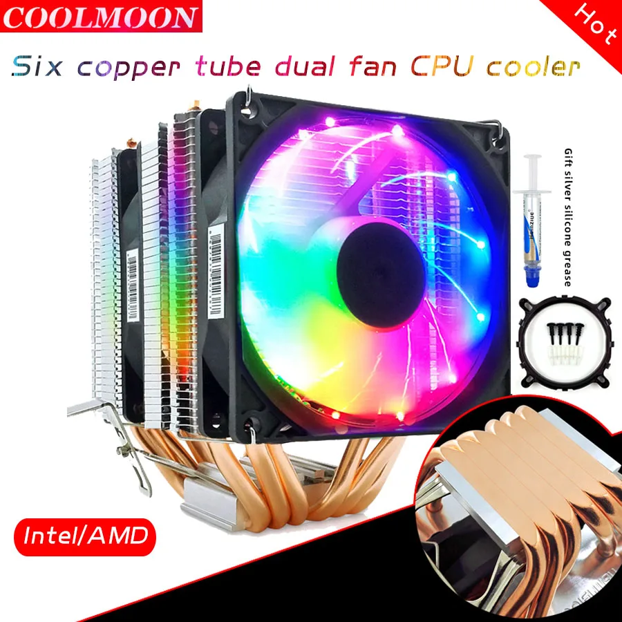 COOLMOON MX6 Copper Tube Dual Fan Desktop Computer CPU Cooler Silent Cool Fan Intel i3 i5 i7 AMDCPU Universal Model Fast Cooling
COOLMOON MX6 Copper Tube Dual Fan Desktop Computer CPU Cooler Silent Cool Fan Intel i3 i5 i7 AMDCPU Universal Model Fast Cooling