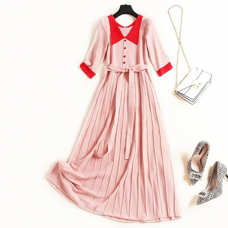 Autumn Fashion New Style Korean Plus Size Knitted Contrast Color Single-row Half Sleeves Sashes Bow Black Pink Women Long Dress
Autumn Fashion New Style Korean Plus Size Knitted Contrast Color Single-row Half Sleeves Sashes Bow Black Pink Women Long Dress